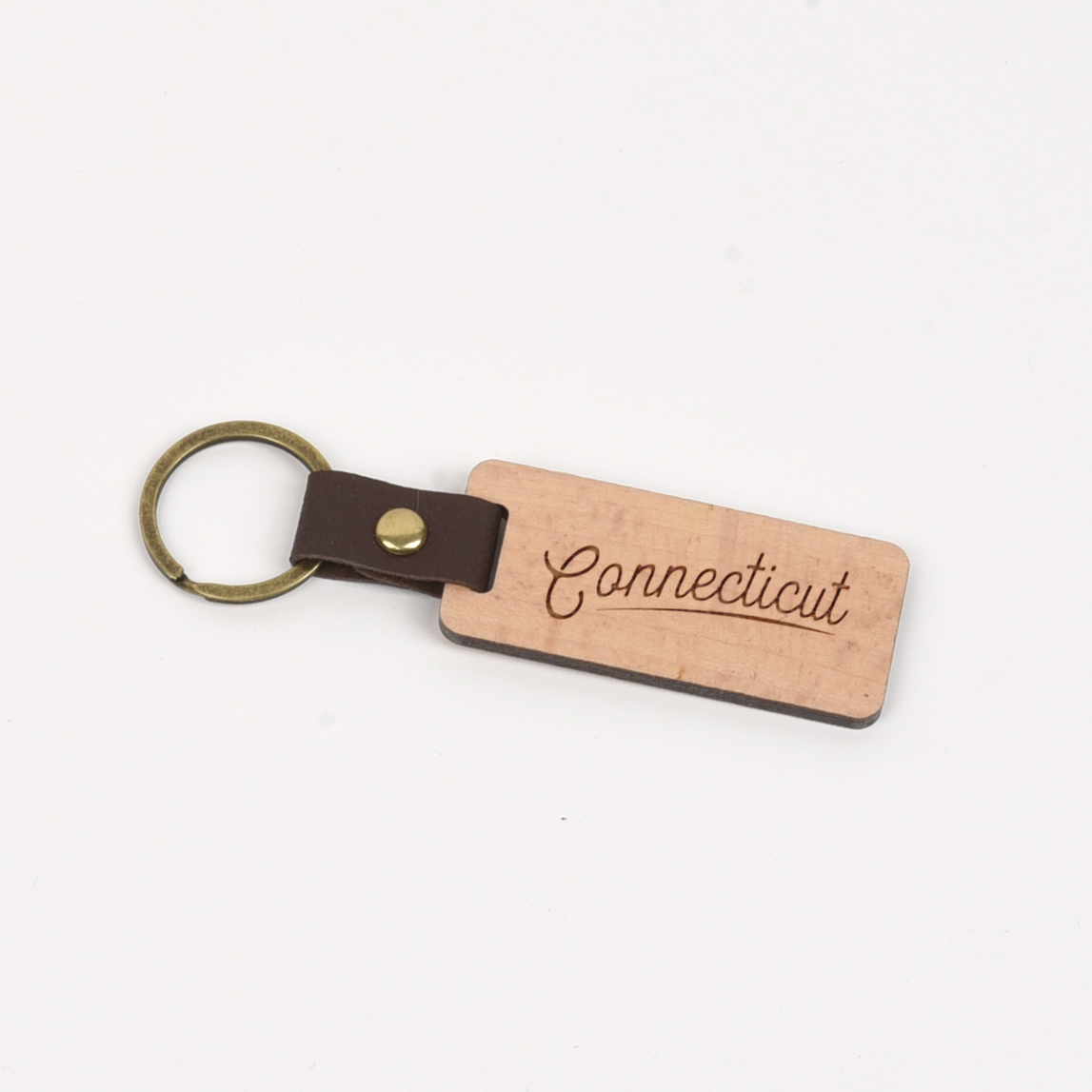 Connecticut Wood/Leather Keychain