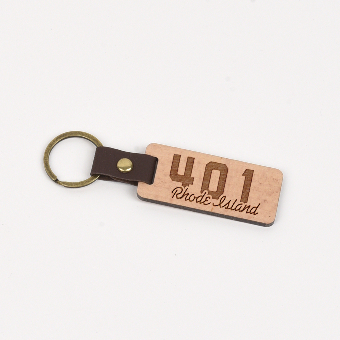 Rhode Island Wood/Leather Keychain
