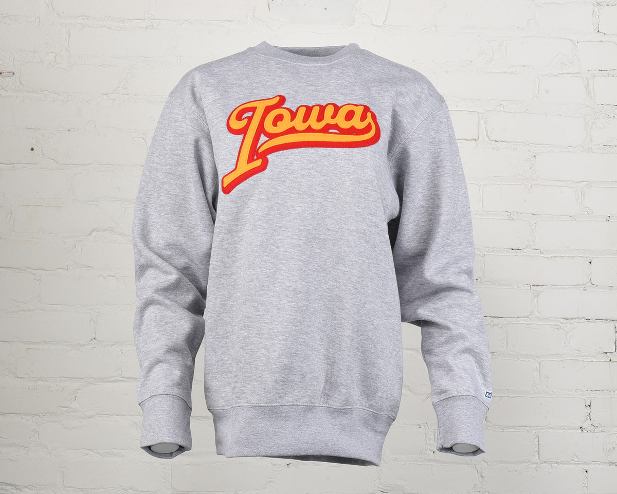 Iowa Gold Script Iowa Script Felt Embroidery Crewneck – Classic State