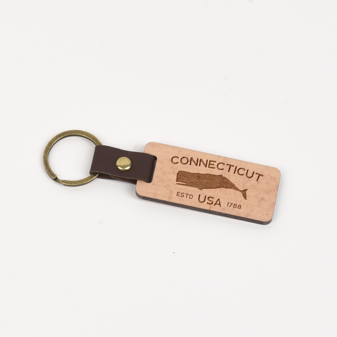 Connecticut Wood/Leather Keychain