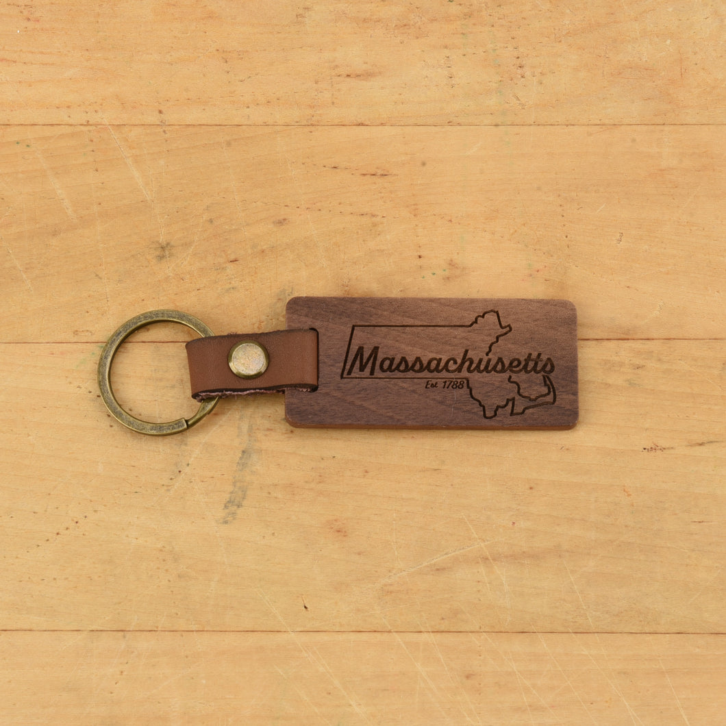 Massachusetts Wood/Leather Keychain