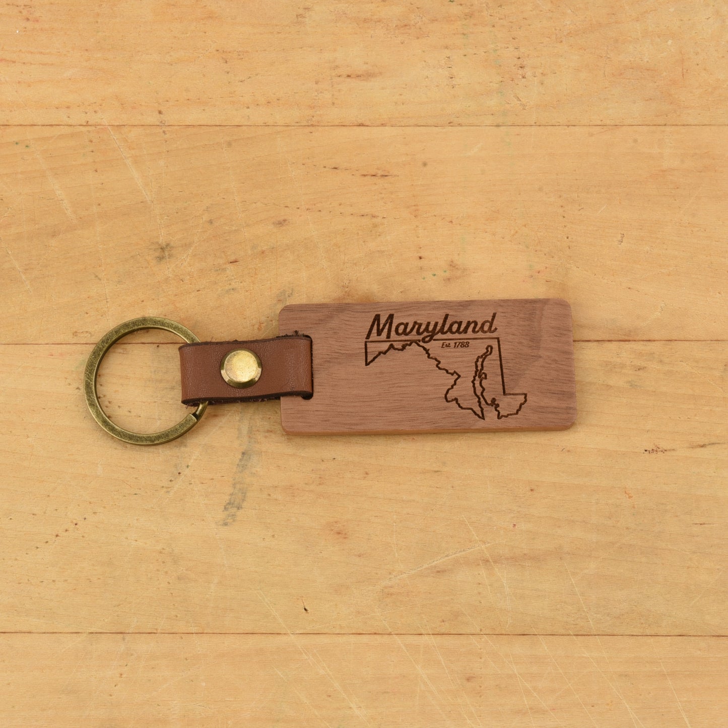 Maryland Wood/Leather Keychain