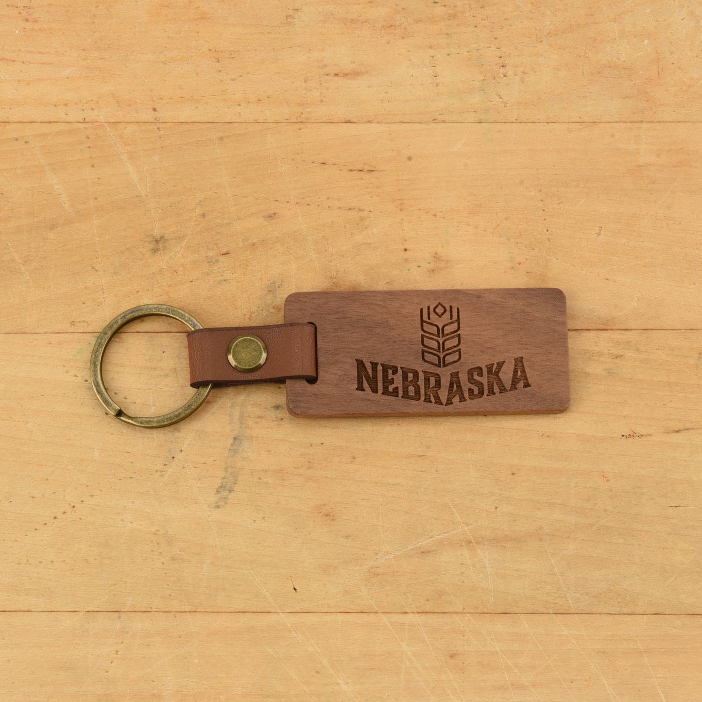 Nebraska Wood/Leather Keychain