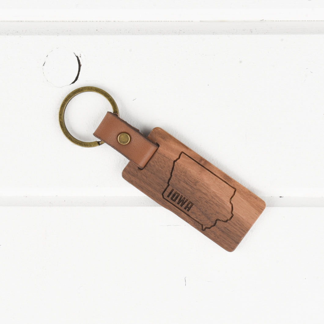 Iowa Wood/Leather Keychain