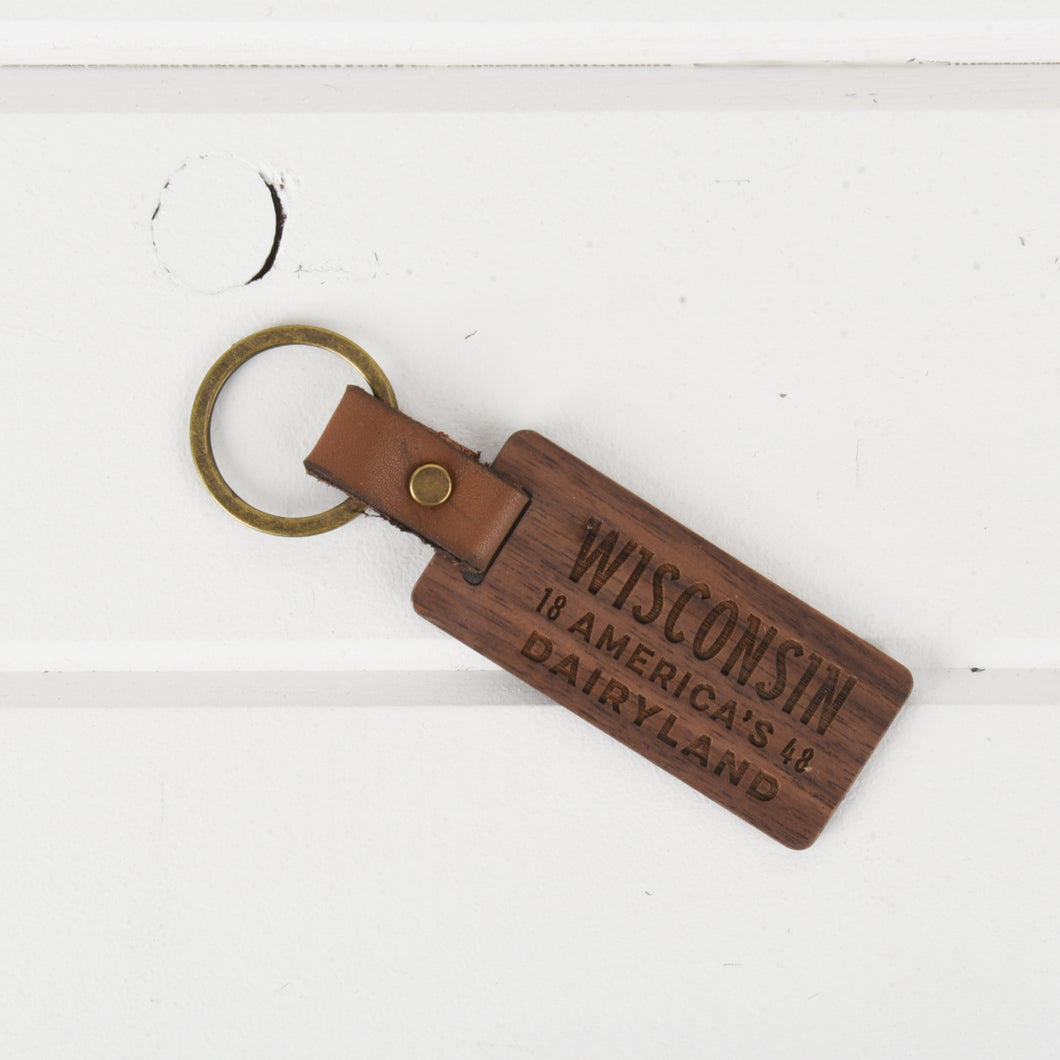 Wisconsin Wood/Leather Keychain