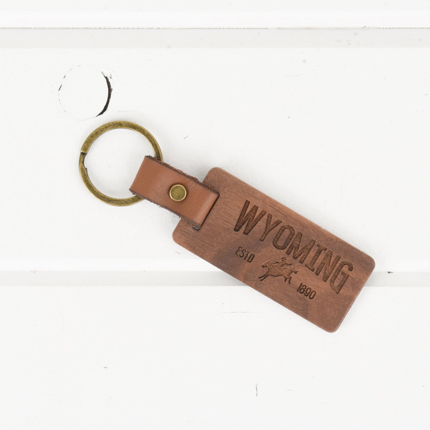 Wyoming Wood/Leather Keychain