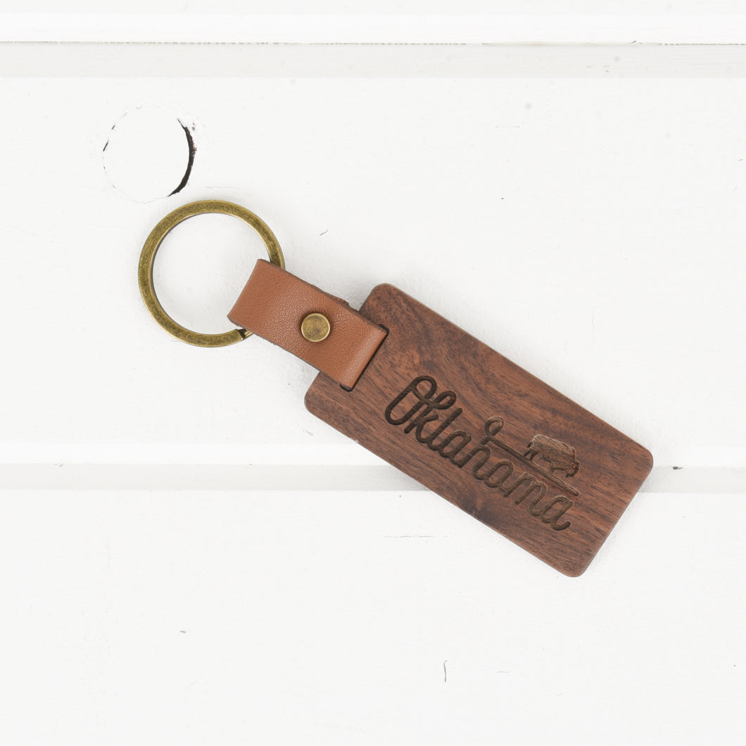 Oklahoma Wood/Leather Keychain