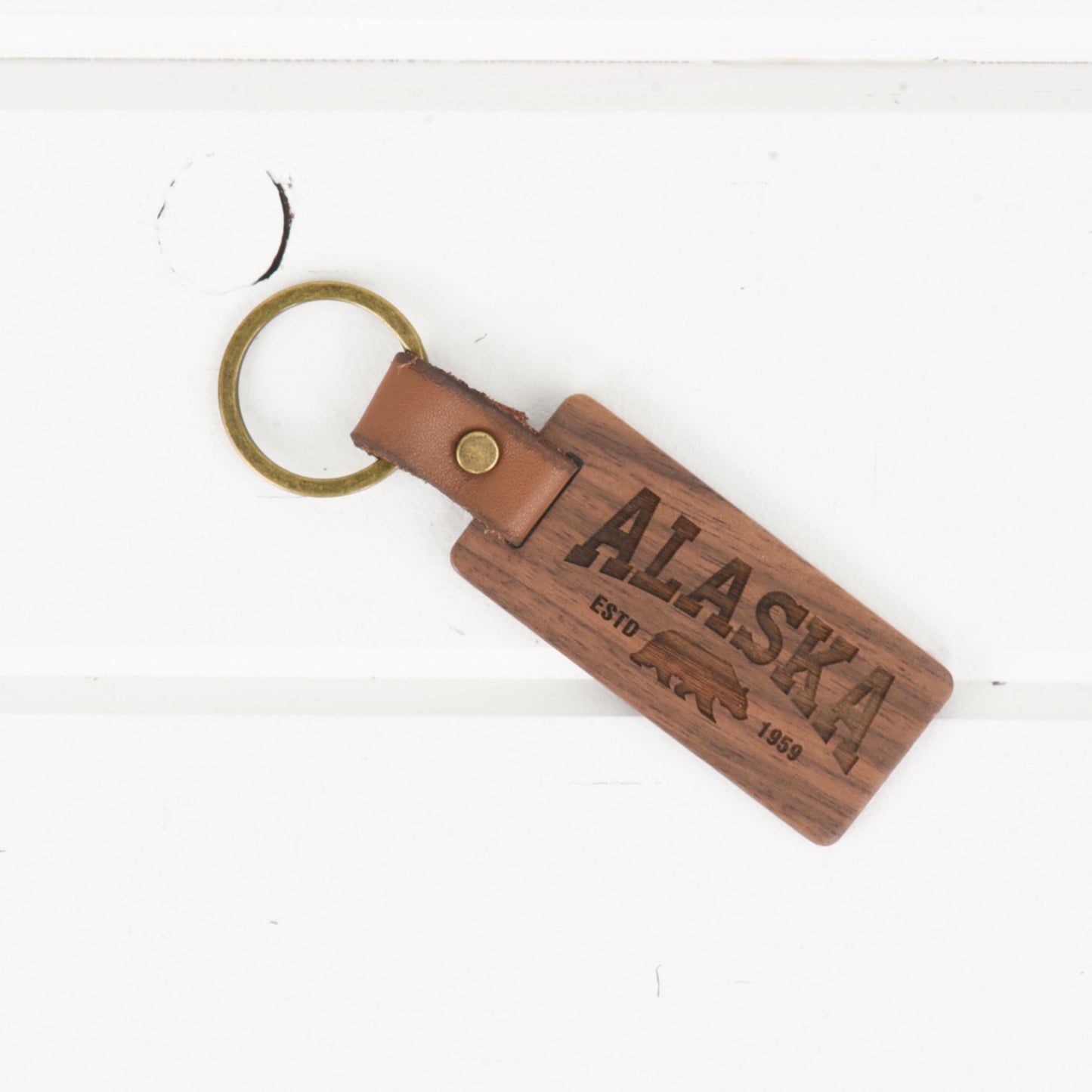 Alaska Wood/Leather Keychain