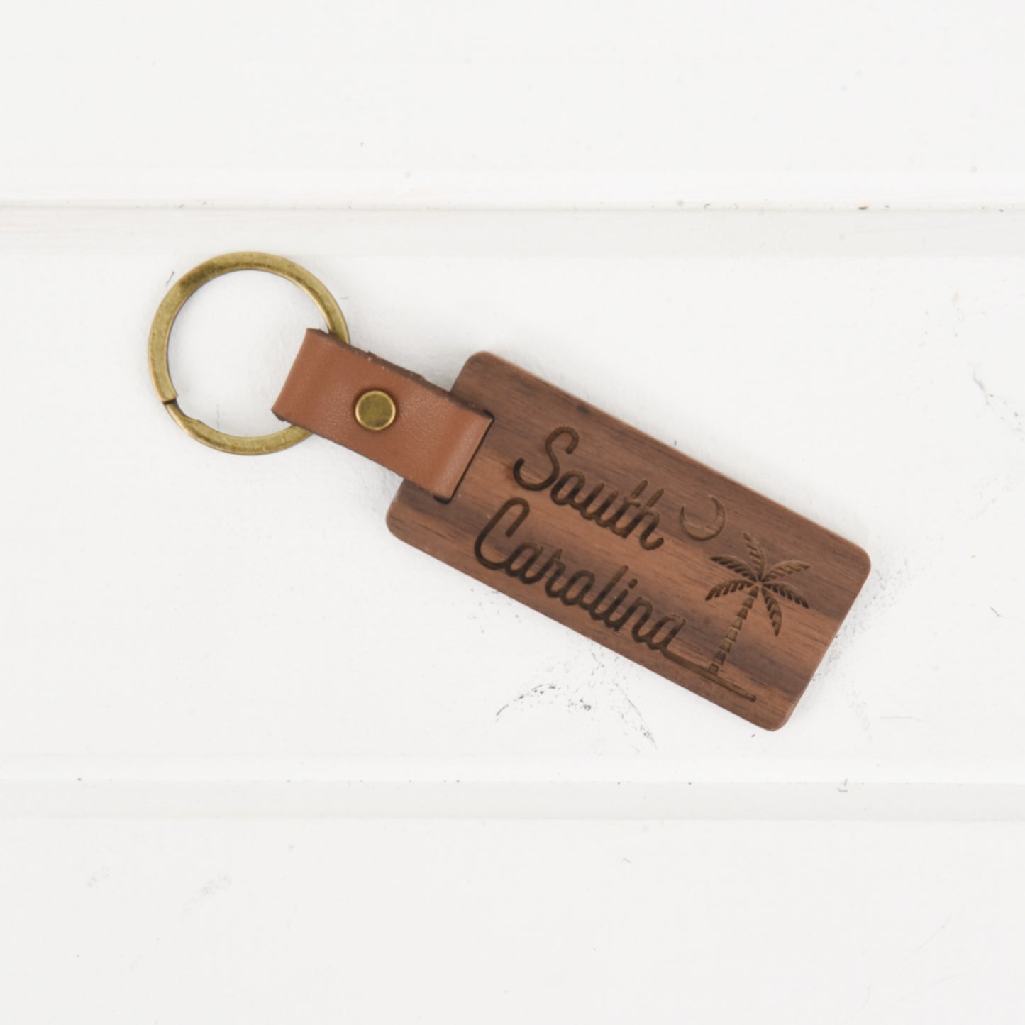 South Carolina Wood/Leather Keychain