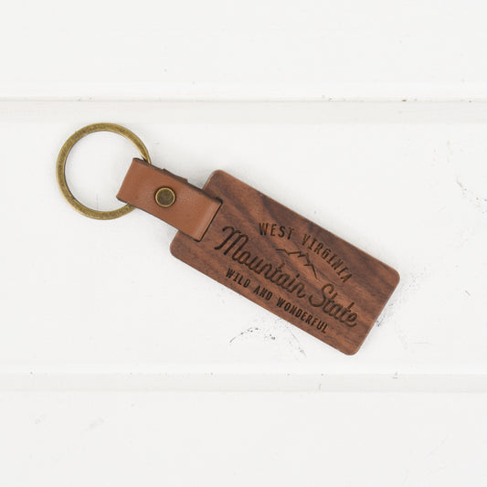 West Virginia Wood/Leather Keychain